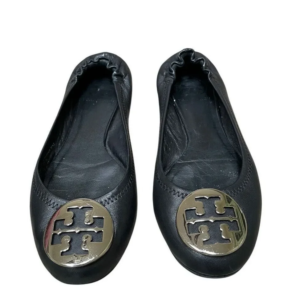 Tory Burch Reva Ballet Flats Women’s 6.5‎ Travel Black Leather Silver Medallion